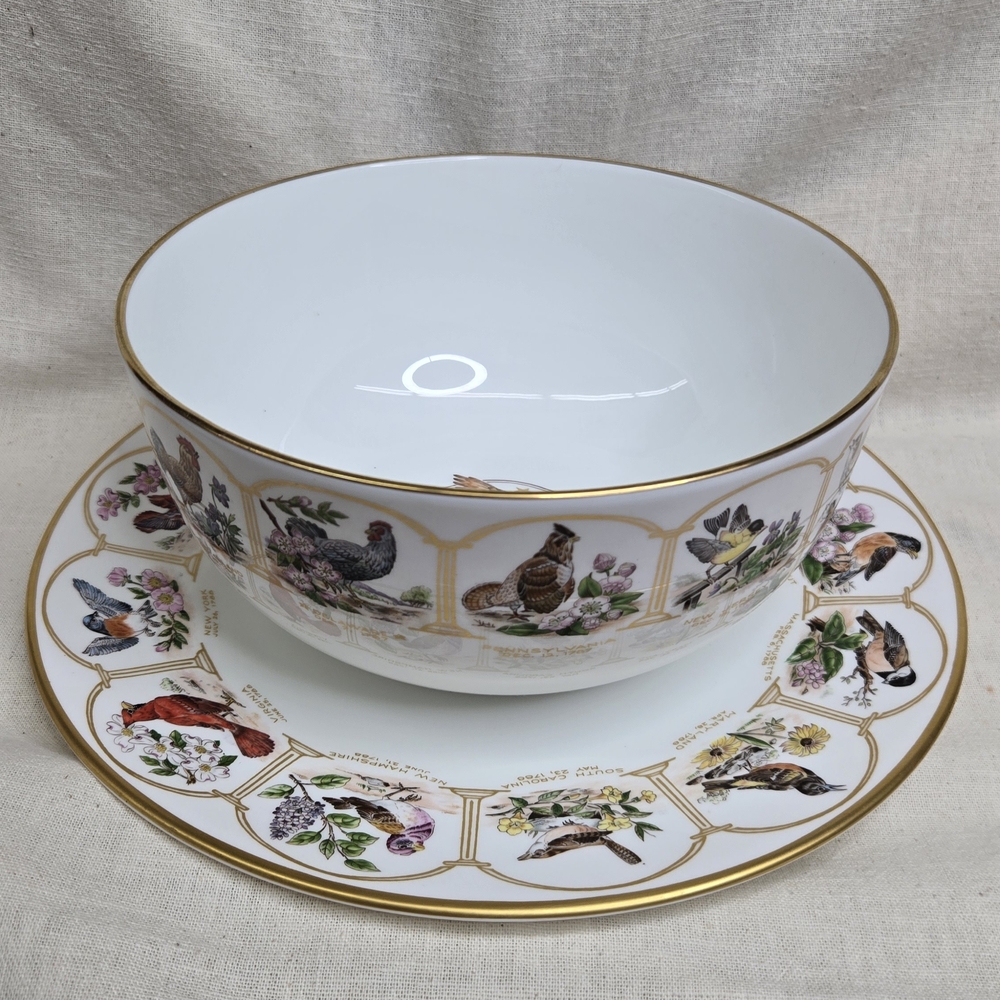 Gold-Trimmed Bowl and Plate Set with Bird Designs